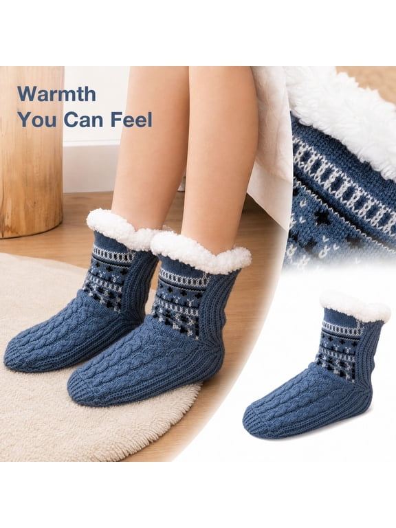 Women and Men Fuzzy Slipper Socks Fluffy Winter Soft Warm Plush Fleece Boot Indoor Floor Grippers Socks, Thick Heavy Thermal Lined Sherpa Socks Cozy Gift Blue M