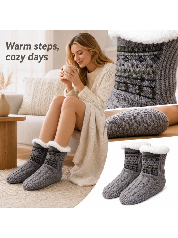 Women and Men Fuzzy Slipper Socks Fluffy Winter Soft Warm Plush Fleece Boot Indoor Floor Grippers Socks, Thick Heavy Thermal Lined Sherpa Socks Cozy Gift Gray M