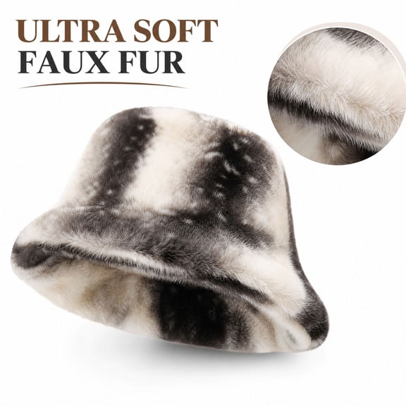 Lumtrix Women and Men Winter Furry Bucket Hat Deer Spotted Pattern Faux Fur Plush Fisherman Cap Thick Warm Wide Brim Fashion Hat for Daily & Outdoor Wear Gray One Size