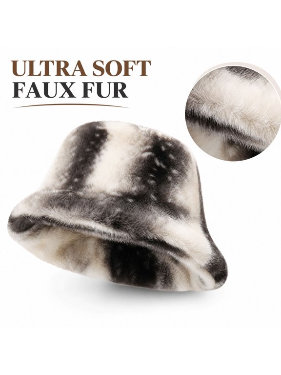 Women and Men Winter Furry Bucket Hat Deer Spotted Pattern Faux Fur Plush Fisherman Cap Thick Warm Wide Brim Fashion Hat for Daily & Outdoor Wear Gray One Size
