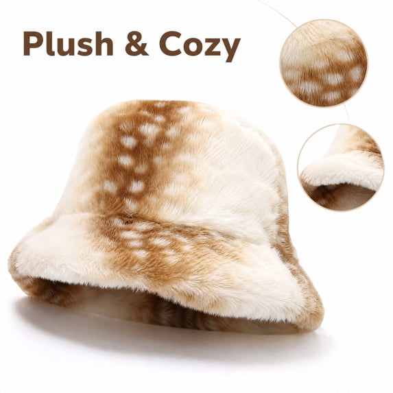 Lumtrix Women and Men Winter Furry Bucket Hat Deer Spotted Pattern Faux Fur Plush Fisherman Cap Thick Warm Wide Brim Fashion Hat for Daily & Outdoor Wear Khaki One Size