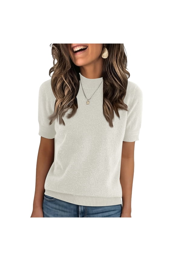 Women's Summer Fall Short Sleeve Sweater Mock Neck Pullover Tops Winter Basic Knit Slim Fitted Casual Shirts Beige 2XL