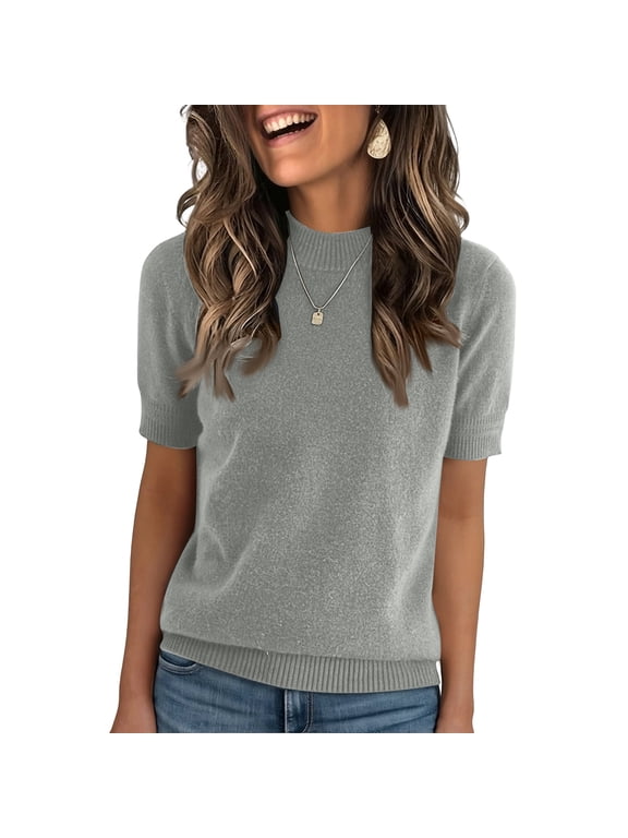 Women Mock Turtleneck Shirts Short Sleeve Knit Sweater Lightweight Basic Tops Casual Solid Tunic Tees Gray M