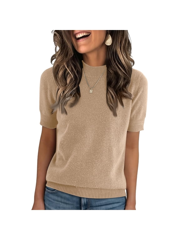 Women Mock Turtleneck Shirts Short Sleeve Knit Sweater Lightweight Basic Tops Casual Solid Tunic Tees Khaki XL