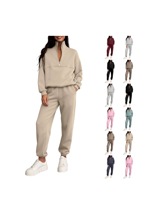 Women Quarter Zip Pullover Sweatsuits And Sweatpants Two Piece Set Long Sleeve Sweatshirt Winter Tracksuit Camel M