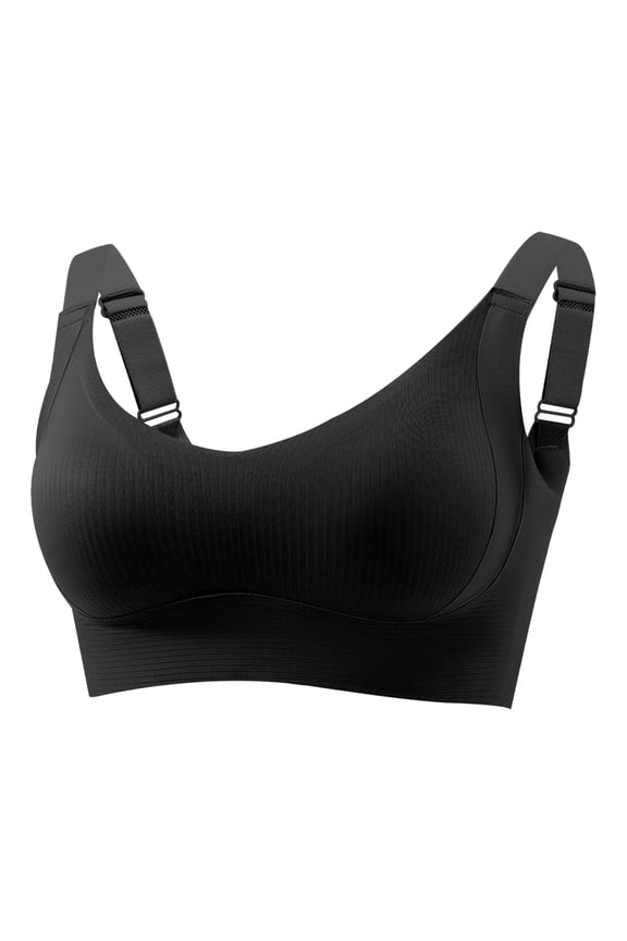 Women Ribbed Wire-Free Bra Push-Up Support V Neck Bras Solid Adjustable Strap Bralette Black 36