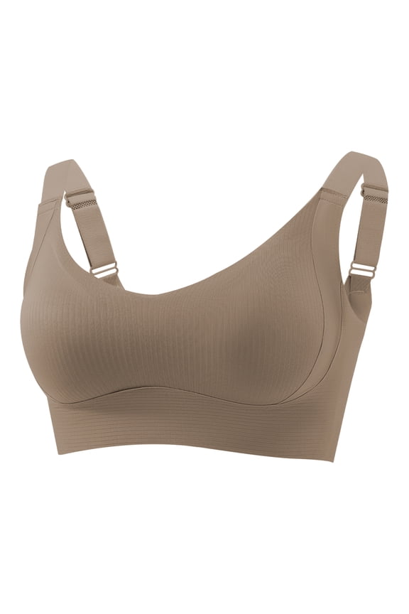 Women Ribbed Wire-Free Bra Push-Up Support V Neck Bras Solid Adjustable Strap Bralette Coffee 40