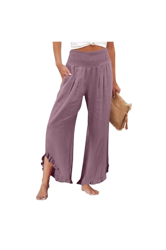 Women Ruffle Palazzo Pants Summer Smocked Waist Wide Leg Pant Vacation Boho Flowy Dress Beach Pant wirh Pockets Dark Purple XL