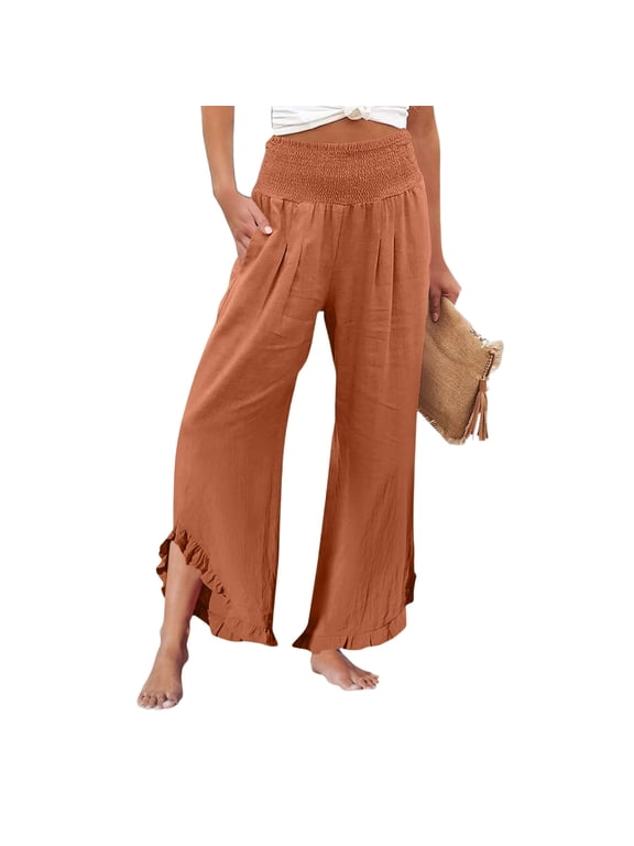 Women Ruffle Palazzo Pants Summer Smocked Waist Wide Leg Pant Vacation Boho Flowy Dress Beach Pant wirh Pockets Ginger L