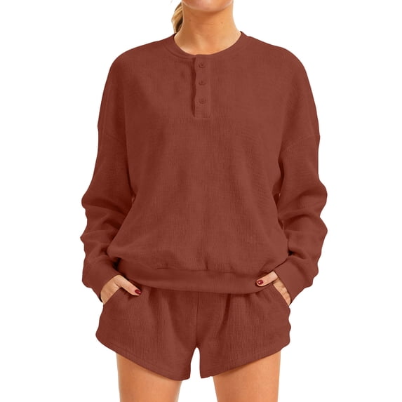 Lumtrix Women'S 2 Piece Lounge Sets Crew Neck Oversized Sweatshirts Sweat Shorts With Pockets Matching Tracksuit Set Trebdy Casual Outfits Brown 2XL