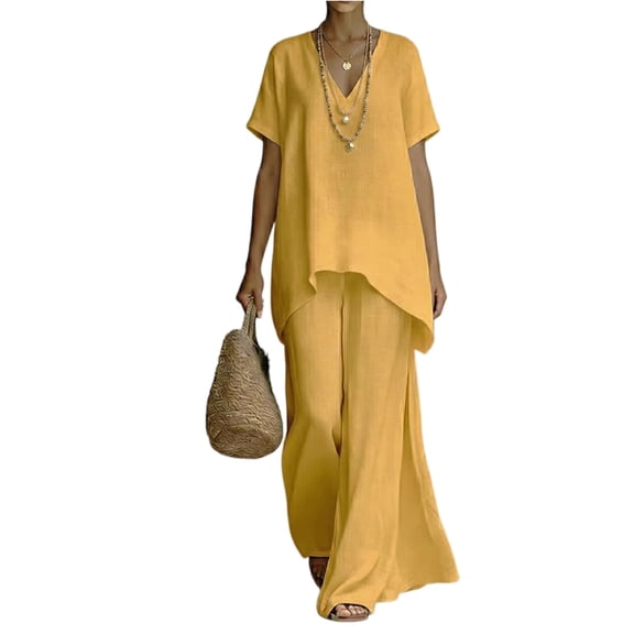 Lumtrix Women'S 2 Piece Outfits Dressy Casual Cotton Linen Set Flowy Short Sleeve Wide Leg Pant Suit Solid Summer Loungewear Yellow 2XL