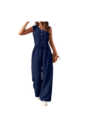 Women'S 2 Piece Sets Dressy Casual Sleeveless Blazer Vest Wide Leg Pants Suits Summer Office Work Outfits Navy M
