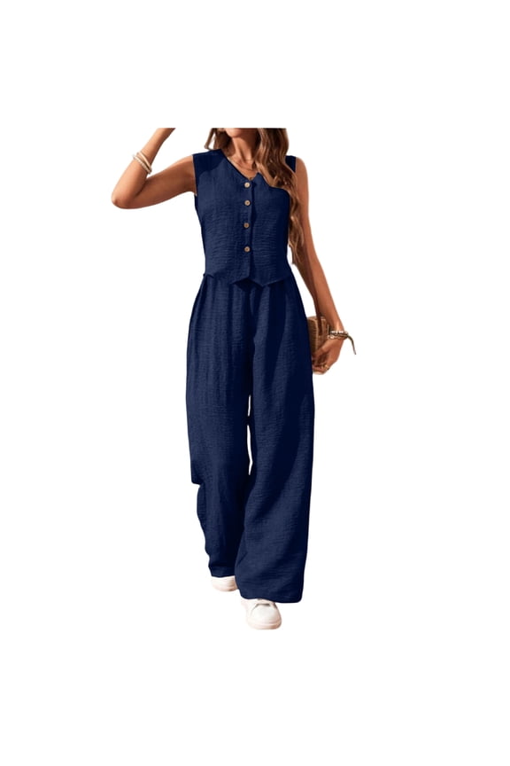 Women'S 2 Piece Sets Dressy Casual Sleeveless Blazer Vest Wide Leg Pants Suits Summer Office Work Outfits Navy S