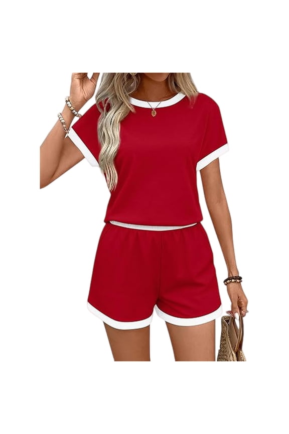 Women'S 2 Piece Short Sets Summer Crew Neck Short Sleeve Matching Sets Casual Fashion Outfits With Pockets Red XL