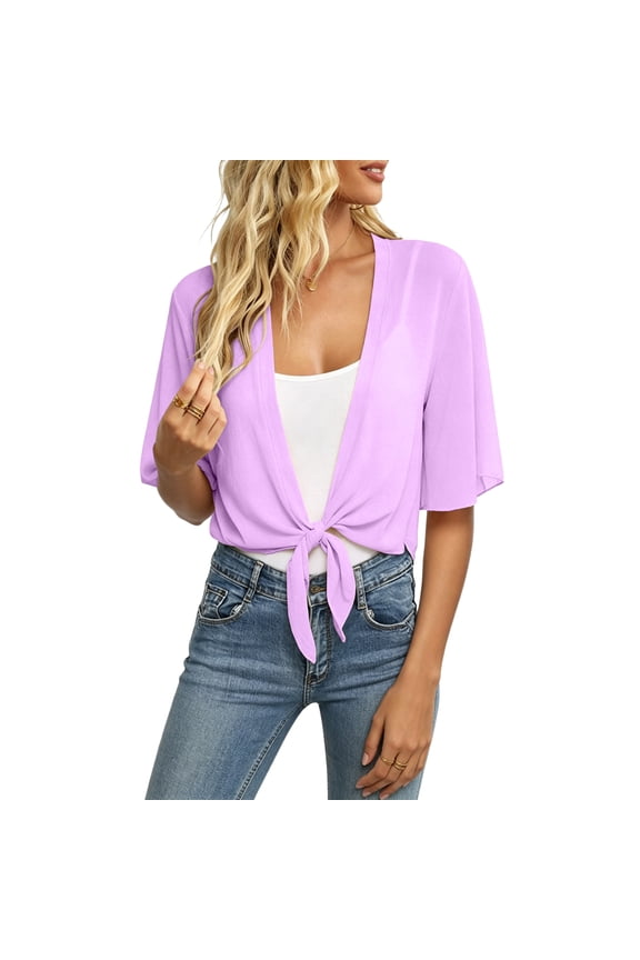 Women'S 2026 Summer Lightweight Short Bolero Cardigan Shrug Sheer Tie Open Front Top 3/4 Sleeve Chiffon Jacket For Evening Dress Purple M
