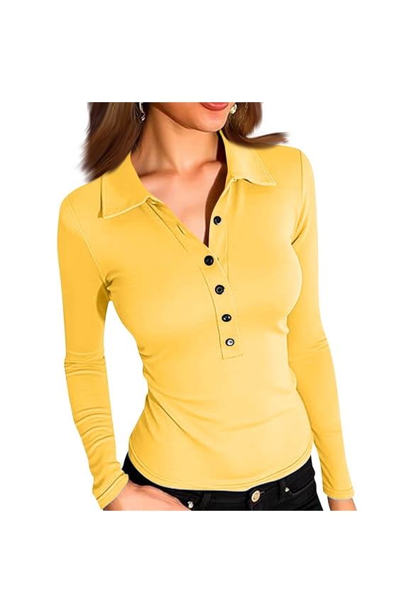 Women'S Long Sleeve Business Casual Tops Collared V Neck Work Blouse 2026 Fall Summer Button Sim Fitted Blouse Yellow M