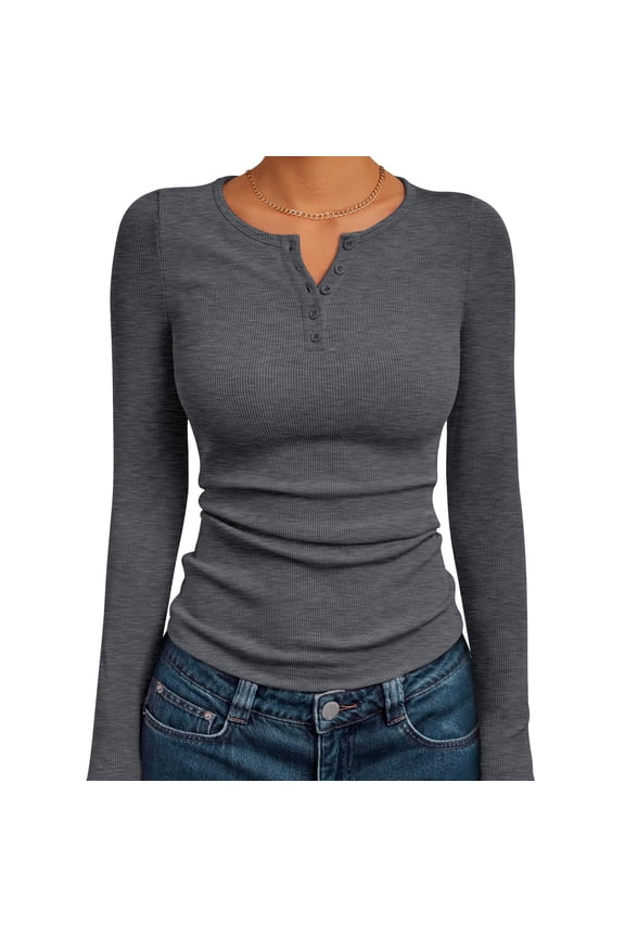 Women'S Long Sleeve Henley Tops Ribbed Knit Slim Fitted Trendy T Shirt Basic Tees Layer 2026 Fall Fashion Outfits Dark Gray M