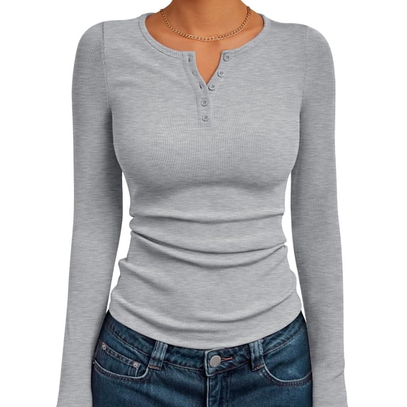Lumtrix Women'S Long Sleeve Henley Tops Ribbed Knit Slim Fitted Trendy T Shirt Basic Tees Layer 2026 Fall Fashion Outfits Light Gray S