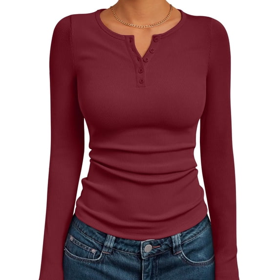 Lumtrix Women'S Long Sleeve Henley Tops Ribbed Knit Slim Fitted Trendy T Shirt Basic Tees Layer 2026 Fall Fashion Outfits Wine 2XL