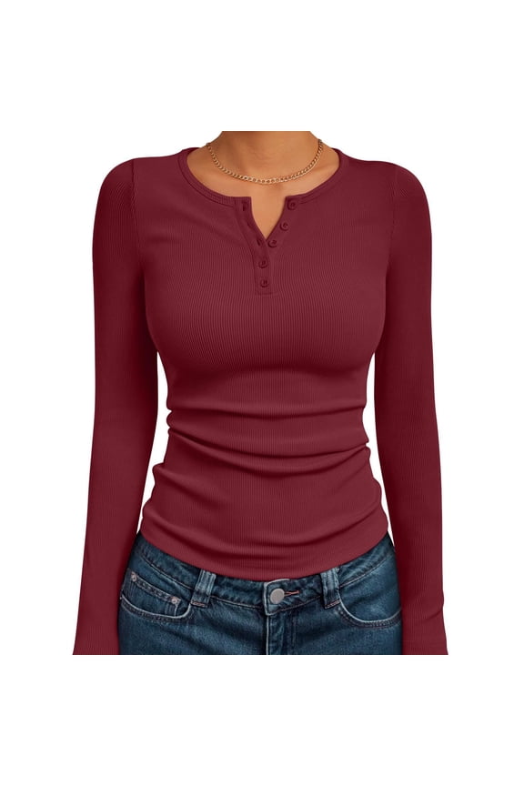Women'S Long Sleeve Henley Tops Ribbed Knit Slim Fitted Trendy T Shirt Basic Tees Layer 2026 Fall Fashion Outfits Wine M