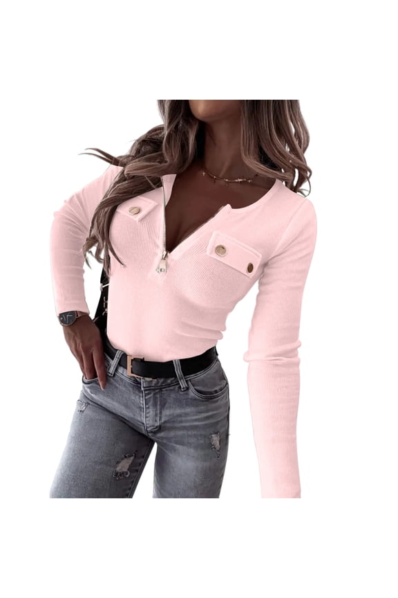 Women'S Long Sleeve Shirts Tunic Slim Fit Low Cut Sexy Tops Button Zipper V Neck Ribbed Knit Blouse Pink S