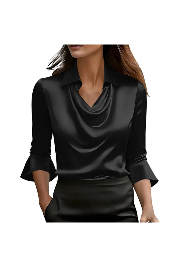 Women'S Satin Silky Cowl Neck Drape Ruched Front 3/4 Bell Sleeve Blouse Shirt Top Casual Dressy Loose Business Clothing Black M