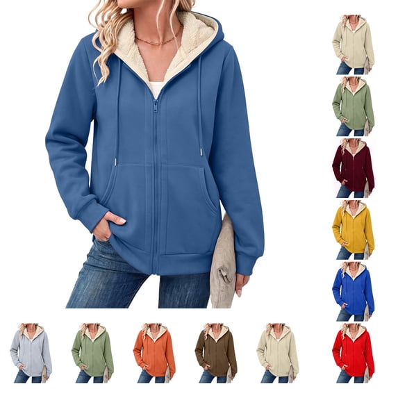 Lumtrix Women'S Sherpa Lined Full Zip Hoodie Warm Fleece Hooded Sweatshirt Casual Trendy Winter Thick Coat With Pocket Blue L