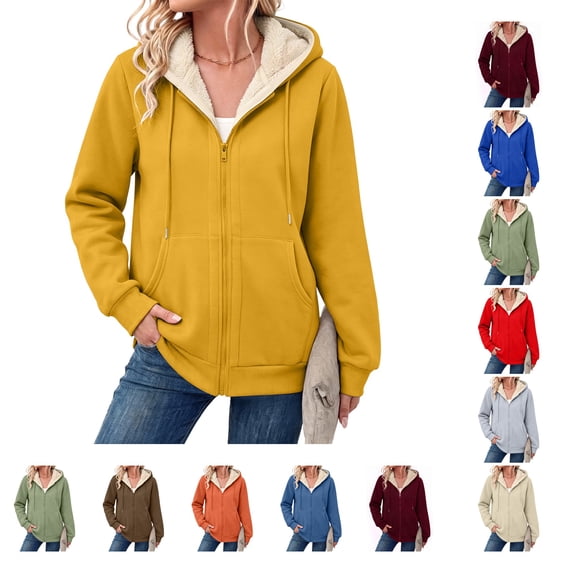 Lumtrix Women'S Sherpa Lined Full Zip Hoodie Warm Fleece Hooded Sweatshirt Casual Trendy Winter Thick Coat With Pocket Yellow L