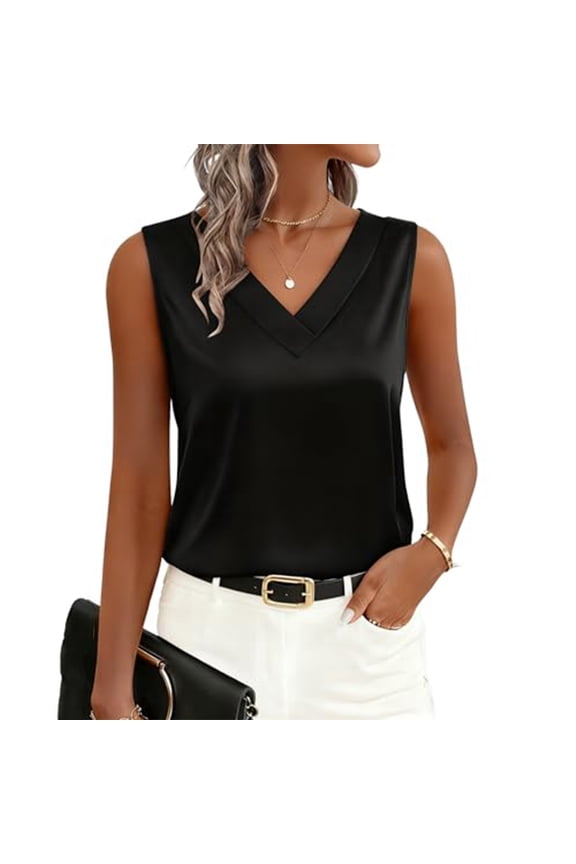 Women'S Silk Satin Tank Tops V Neck Casual Camisoles Sleeveless Business Work Blouse Dressy Summer Shirts Black XXL