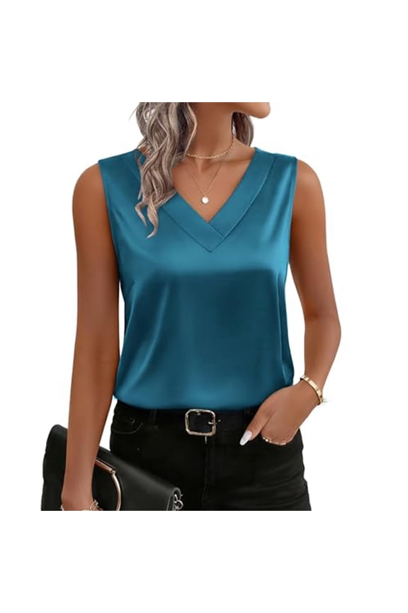 Women'S Silk Satin Tank Tops V Neck Casual Camisoles Sleeveless Business Work Blouse Dressy Summer Shirts Blue S