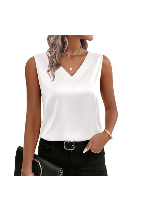 Women'S Silk Satin Tank Tops V Neck Casual Camisoles Sleeveless Business Work Blouse Dressy Summer Shirts White XL
