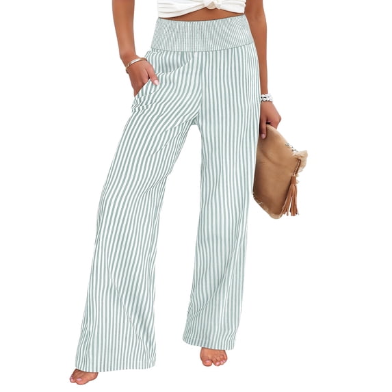 Lumtrix Women'S Striped Linen Palazzo Pants Summer Boho Wide Leg High Waist Lounge Pant 2026 Trendy Casual Beach Vacation Trousers Mint Green L