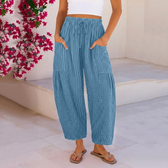 Lumtrix Women’S Striped Wide Leg Palazzo Harem Pants 2026 Summer Drawstring Baggy Lounge Beach Vacation Travel Trousers With Pockets Light Blue 3XL