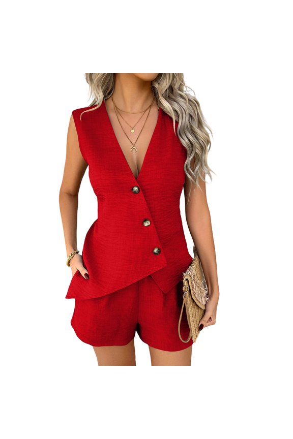 Women'S Summer 2 Piece Linen Short Sets 2026 Sleeveless Vest Shorts Matching Set Vacation Business Travel Casual Outfits Red L