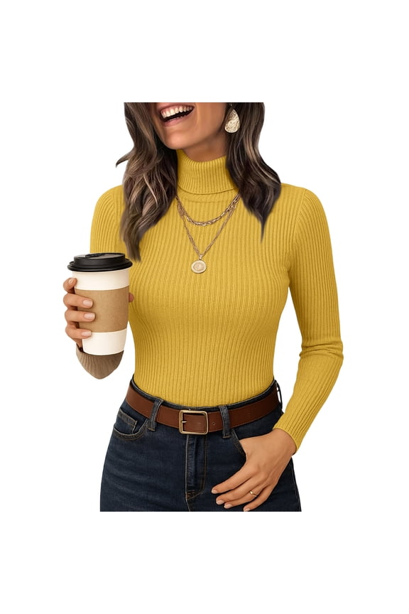 Women'S Turtleneck Sweater 2026 Long Sleeve Shirts Fall Trendy Tops Slim Fitted Ribbed Knit Basic Casual Pullover Yellow L