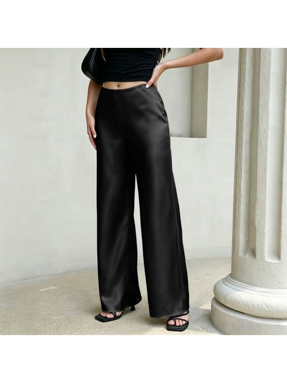 Women Satin Silk Wide Leg Pants Y2K Dressy Elastic Waist Loose Fit Long Pants Lounge Bottoms Business Work Trousers Black M