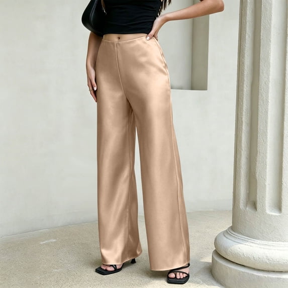 Lumtrix Women Satin Silk Wide Leg Pants Y2K Dressy Elastic Waist Loose Fit Long Pants Lounge Bottoms Business Work Trousers Khaki L
