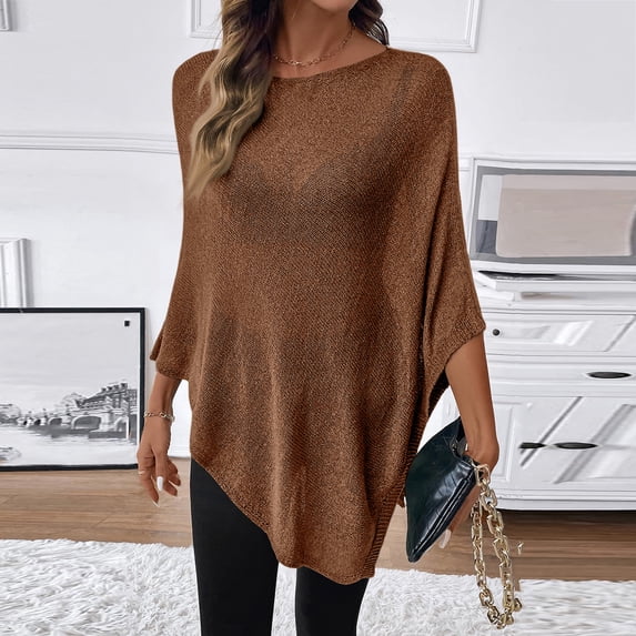 Lumtrix Women Sheer Poncho Top Lightweight Knit Crochet Shrug Bolero Mesh Batwing Sleeve Sweater Cover Up Beachwear Coffee One Size