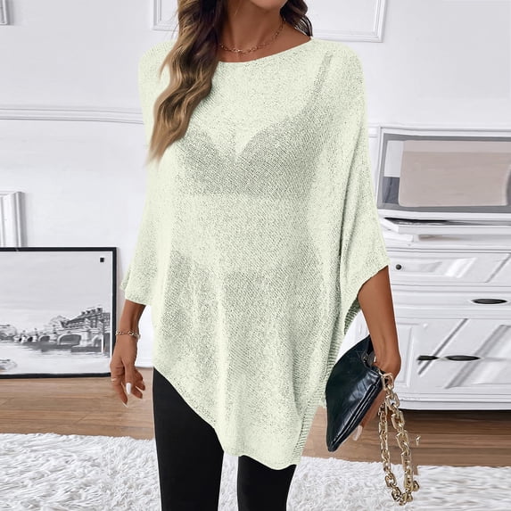 Lumtrix Women Sheer Poncho Top Lightweight Knit Crochet Shrug Bolero Mesh Batwing Sleeve Sweater Cover Up Beachwear White One Size