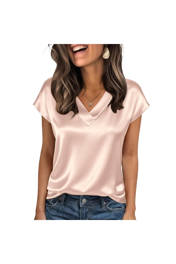 Women Silk Satin Tops Trendy V Neck Pullover Tops Business Work T-Shirts Classic Loose Summer Shirts Rose Gold XL