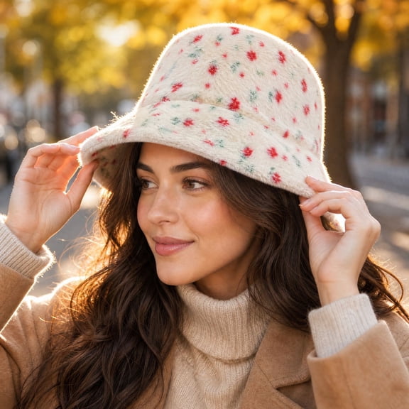 Lumtrix Women Soft Fuzzy Plush Bucket Hat with Floral Print Faux Fur Wide Brim Fisherman Hat Cozy Warm Cute Winter Fashion Hat for Outdoor Beige One Size