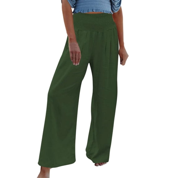Lumtrix Women Summer High Smocked Waist Cotton Linen Palazzo Pants Wide Leg Long Lounge Pant Trousers With Pocket Camouflage 3XL