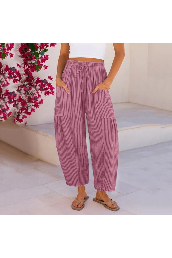 Women Summer Striped Harem Pants Flowy Baggy Trendy Casual Linen Wide Leg Trousers Drawstring Boho Palazzo Pants With Pockets Pink XL