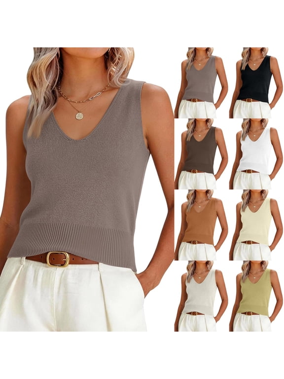 Women Summer Tank Tops 2026 Basic Sleeveless V Neck Lightweight Knit Sweater Vest Beach Vacation Going Out Shirts Camel One Size