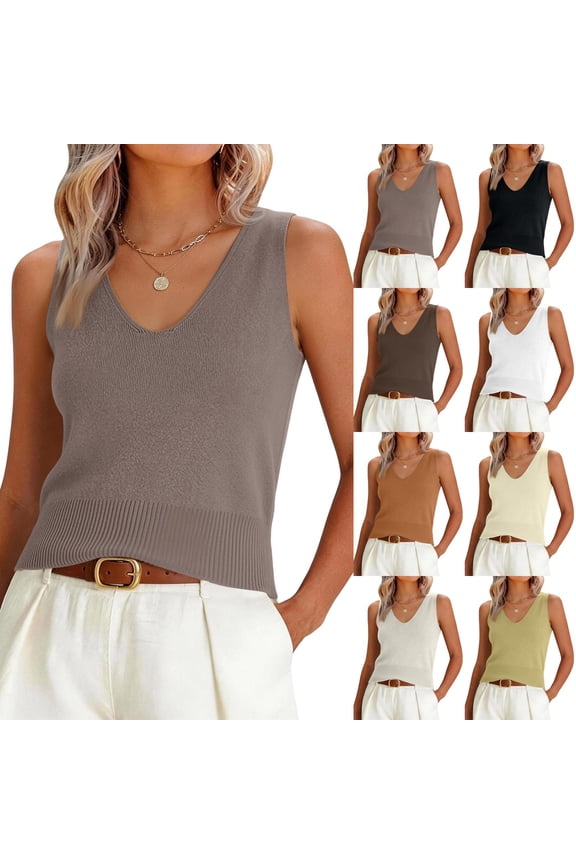 Women Summer Tank Tops 2026 Basic Sleeveless V Neck Lightweight Knit Sweater Vest Beach Vacation Going Out Shirts Camel One Size