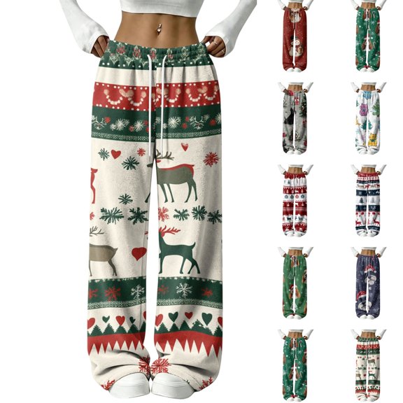 Lumtrix Women Sweatpant Xmas Pattern Flannel Night Relaxing Wear Trousers Lounge Festive Trousers with Pockets Beige 2XL