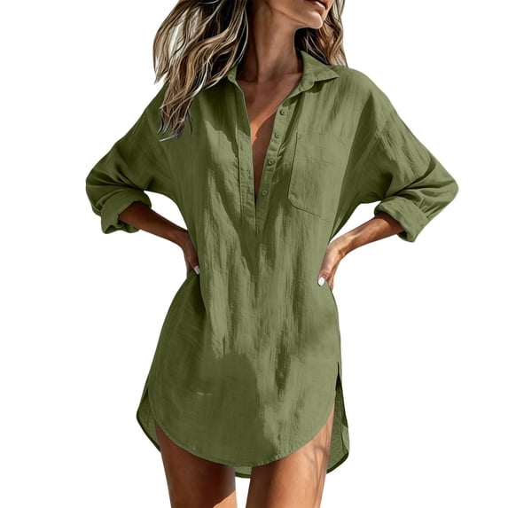 Lumtrix Women Swimsuit Coverup Shirt Dress Button Down Long Sleeve Bathing Suit Cover Up Beach Travel Vacation Tunic Tops Army Green S