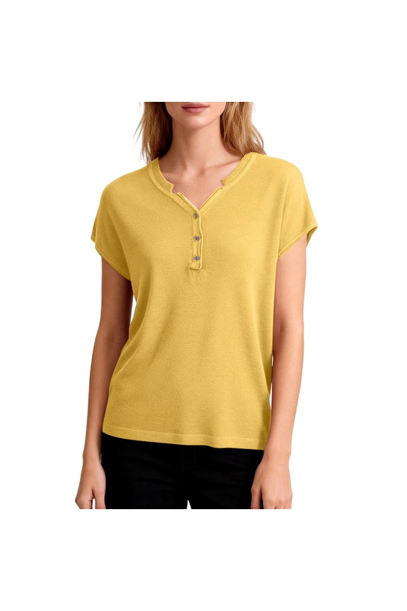 Women Trendy Cap Sleeve Knit Boho Henley Sweater Fashion Lightweight Loose Fit Shirts Yellow 2XL