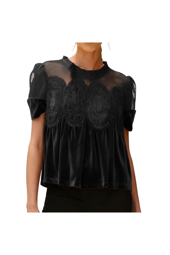Women Velvet Lace Mesh Floral Crochet Babydoll Top Short Sleeve Ruffle Hem Blouse Casual Crew Neck Peplum Shirt Elegant Loose Top Black S