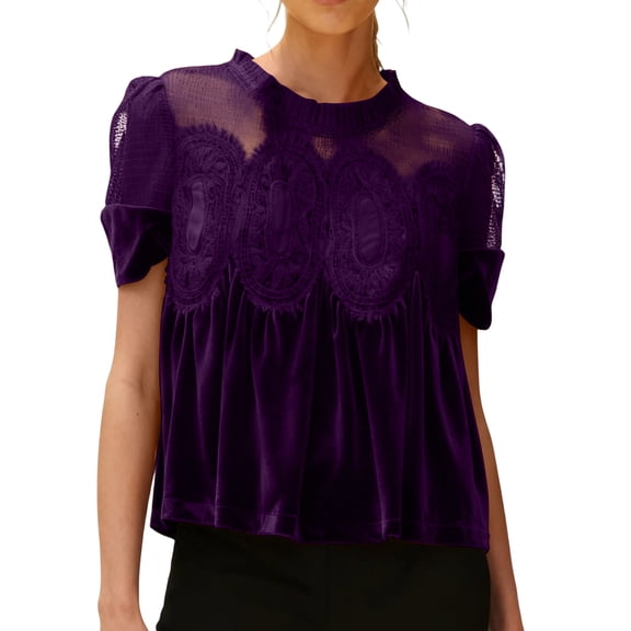 Lumtrix Women Velvet Lace Mesh Floral Crochet Babydoll Top Short Sleeve Ruffle Hem Blouse Casual Crew Neck Peplum Shirt Elegant Loose Top Purple XL